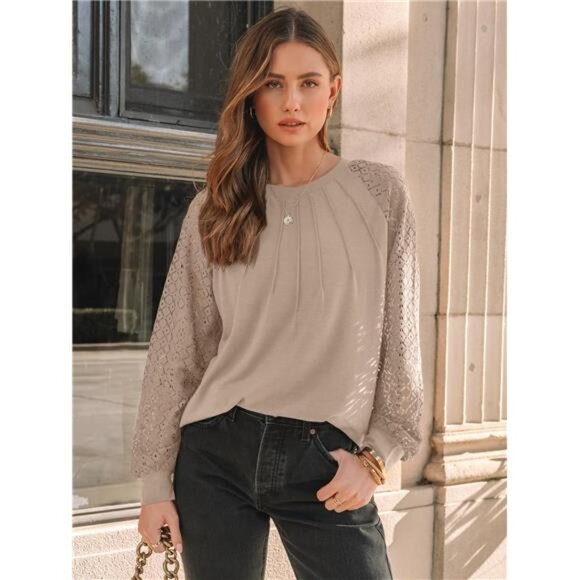 Womens Long Sleeve Shirts Pleated Lace Tops Fall Fashion Outfits - Picture 2 of 7